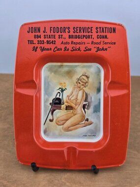 1960s Tin Pin-up Glamour Girl Bar Ashtray, Mid-Century Risque Bridgeport